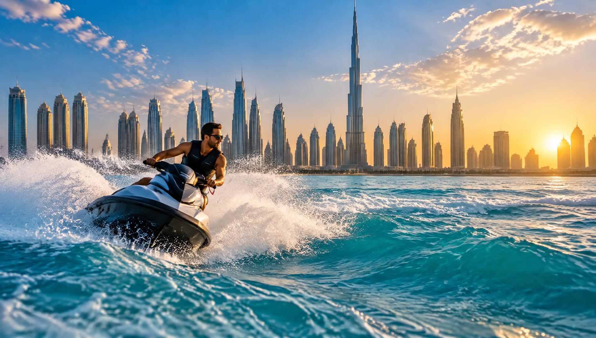 Jet ski in front of the Dubai skyline