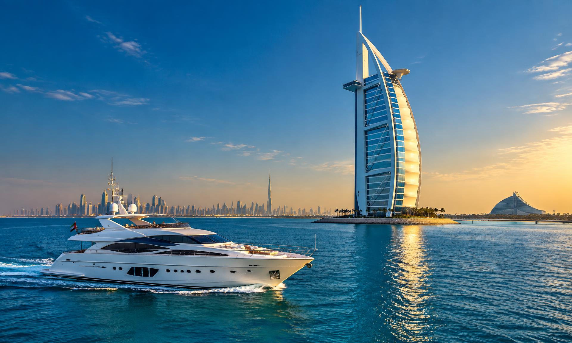 Private yacht cruising in front of the Burj Al Arab in Dubai